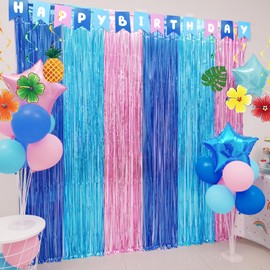Cartoon Birthday Decorations, 4 Pack Luau Party Photo Booth Props, Blue Pink Fringe Curtains Tinsel Photo Streamers Backdrop for Cartoon Birthday Party Supplies