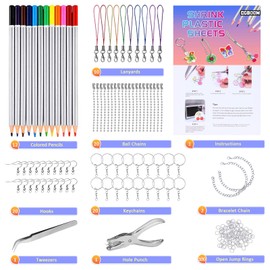 CGBOOM 179 Piece Shrink Wrap Set, Including A5 Shrink Paper, Key Rings, Pencils, Ball Chains, Hole Punch, Tweezers, Shrink Film Set for Children