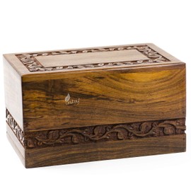 INTAJ Borders Wooden Urns for Human Ashes Adult Funeral Urn, Wooden Cremation Urns for Ashes Engraving, Wooden Box (M - 7.5", Border Carved)