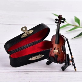 Miniature Wooden Violin Sculpture with Stand Bow and Case Collectible Musical Instrument Model Ornaments for Home Office Decoration