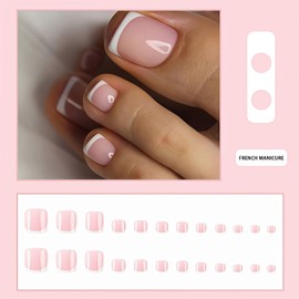 24PCS French Toe Nails Press On Nail - Short Square Nude Pink False Toenails/White French Tip Press On Toe Nail - Suitable For Women
