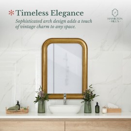 Hamilton Hills 36" x 24" Classic Gold Framed Polished Glass Top Round Corner Mirror - Thick Arched Top Rich Wall Mirror - Vanity for Bathroom Decor, Bedroom, Living Room - Hangs Horizontal or Vertical