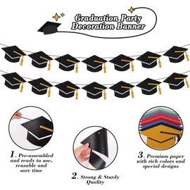 2025 Graduation Decorations Class of 2025 Grad Banner Pre-Strung Glitter Graduation Garland with Tassel Grad Cap Banner for Grad Party Supplies (Black)