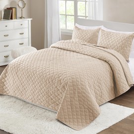 Exclusivo Mezcla Soft Quilt Set Queen Full Size, 3 Pieces Lightweight Quilts Brich Beige Bedspreads Coverlets Bedding Set for All Seasons, Grid Pattern