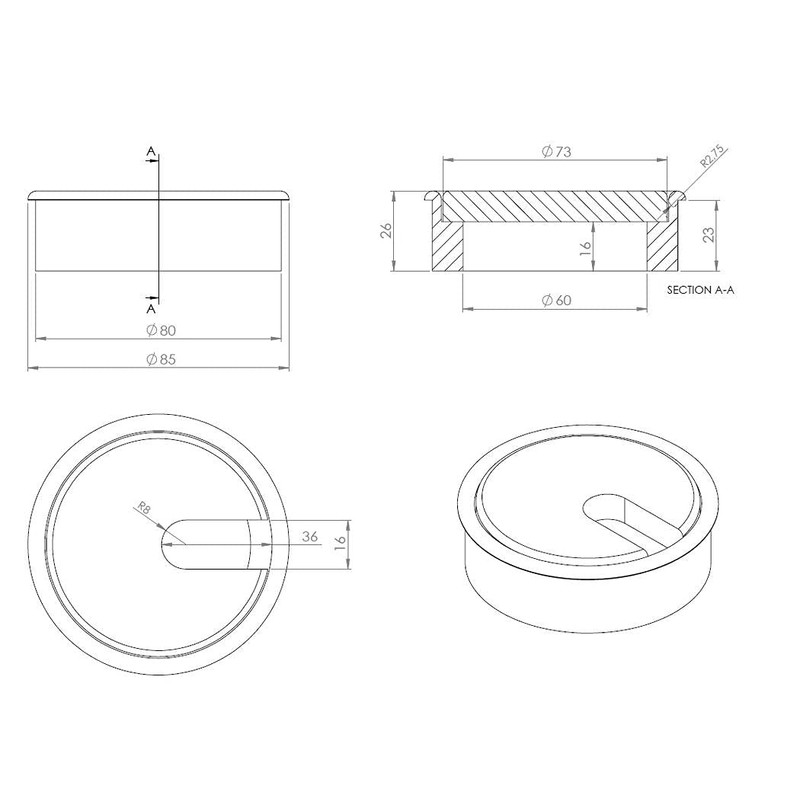 Gedotec Cable grommet, cherry wood, lacquered, plain, 2 pieces round