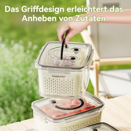 UUE Food Storage Containers Set of 3 (2.5 L + 1.5 L + 0.8 L) with Lid and Strainer, BPA-Free Storage Containers, Fridge Organiser for Salad Berries, Drippable & Stackable, White