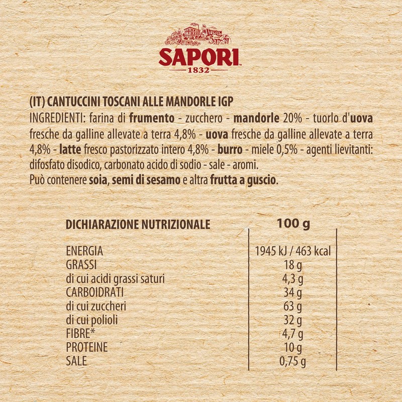 Sapori Cantuccini Toscani IGP alle Mandorle, Biscotti Tradizionali Italiani, Confezione