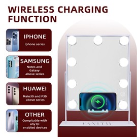 VANITII Vanity Hollywood Mirror with Lights Bluetooth Speaker Wireless Charger Light Up Makeup Mirror with 9 Bulbs for Tabletop Detachable 10X Magnifying, White