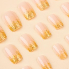 BABALAL Gold Press on Nails Short Fake Nails Square Glue on Nails Bling Glitter Acrylic Nails 24Pcs Shiny Squoval Full Cover Stick on Artificial Nails