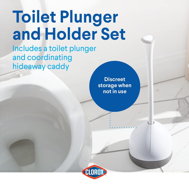 Clorox Toilet Plunger with Hideaway Holder Caddy Heavy-Duty Compact Design