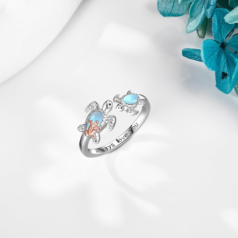 Turtle Rings Sterling Silver Moonstone Adjustable Rings Sea Turtle Jewellery