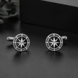Compass Cufflinks Sterling Silver Onyx Cufflinks for Men Unique Cuff Links Executive Groom Wedding Present for Father Brother Son