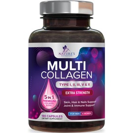 Nature's Nutrition Suplemento de colágeno multivitamínico de 2400 mg (tipos I, II, III, V y X). Píldoras de péptidos de colágeno multivitamínico para mujeres y hombres. Suplementos de colágeno hidroli
