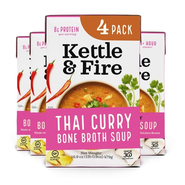 Thai Curry Soup with Chicken Bone Broth by Kettle and Fire, Pack of 4, Paleo, Gluten Free Collagen Soup on the Go, 18g of protein, 16.9 fl oz
