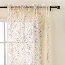 VISIONTEX Sheer Curtains 84 inches Long 2 Panels Set, Luxury White Voile Tropical Leaves Gold Foil Print, Metallic Bronzing Treatment Pair for Home Window Decoration, Rod Pocket 54 by 84 Inch