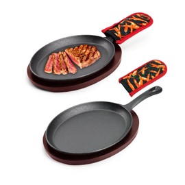 DVK Sizzling Plate with Wooden Base Fajita Skillet with Scald Protection Hot Mitt Cast Iron Plate for Home Barbeque Kitchen Service (2PCS)