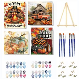 4 Pack Fall Pumpkin Paint by Numbers Kit for Adults Beginner with Frame,Thanksgiving Paint by Number with Wooden Easel DIY Adult Paint by Number Kits for Home Decor 10x10-9x12inch