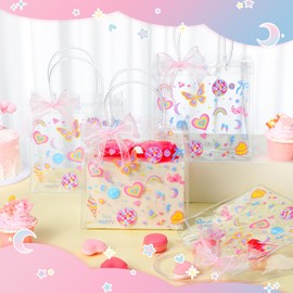 Weysat 24 Pcs Pastel Party Clear Gift Bags with Handles Preppy Birthday Decorations Party Favor Bags, Colored Paper Bag for Baby Shower, Goodies, Birthday