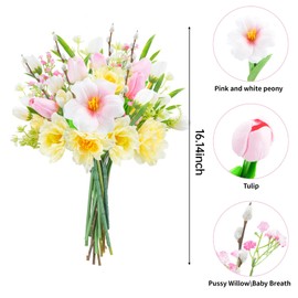 VirtuGro 16.14" Spring Flowers Artificial Mixed Tulip Flowers Yellow Fake Peony Silk Flower Bouquet for Home Party Vase Baby Breath Centerpiece Easter Decor