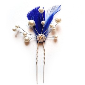 Bridal Bridesmaid Feather Hair Grip Prong, Royal Blue Feathers and Pearl Detail Hair Piece