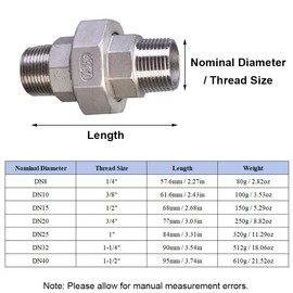 Cast Pipe Fittings Union, DN25 Stainless Steel 1 Inch Male Thread x 1 Inch Male Thread Pipe Fitting Connection Adapter for Home/Industry/DIY Projects