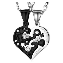 OIDEA Couple Necklace with Heart Puzzle: 2 Pieces Chain with Pendant Engraved Love Eternal Stainless Steel Black Silver Anniversary Valentine's Day Jewellery Gift for Couples Couples Partner,