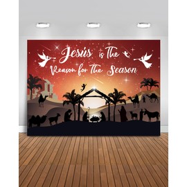 Mocsicka Christmas Nativity Backdrop Red Large Merry Christmas Party Decorations Banner Xmas Christmas Jesus is The Reason for The Season Background Photo Booth (Red, 7x5ft(82"x60"))