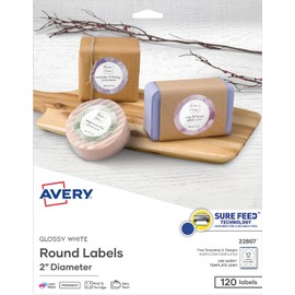 Avery 22807 Etiquetas Redondas para Impresora Láser e Inkjet, 120 Etiquetas, 2" Diámetro, color Blanco Glossy