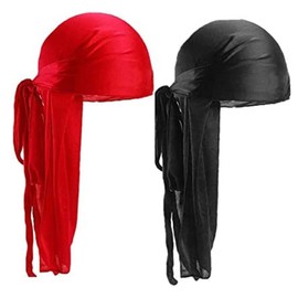 Headwrap Tail Bandanas Long Tail Wide Straps Du-rag Head Pirate Hat Bandanas for Women Hip-Hop Tail Satin Headscarf Pirate Cap with Long Men's Hat Wave Durags Pack of 2 Black and Red