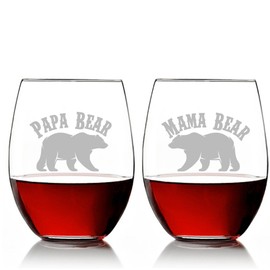 Papa Bear and Mama Bear Stemless 15 oz Wine Glass Set