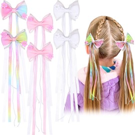 OAOLEER 6PCS Hair Bows for Girls, Rainbow Tulle Flower Hair Accessories with Alligator Clips Pearl Long Tail for Toddler Kids Back to School
