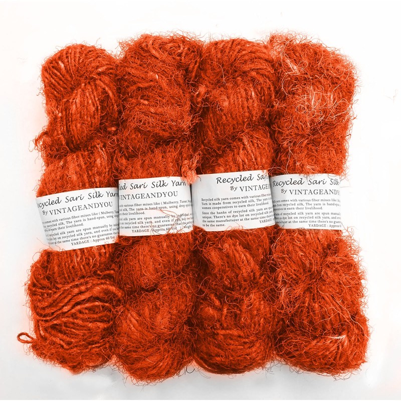 (Orange) - 100g Recycled Sari Silk Yarn Hand-spun Orange Soft