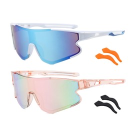 swanoble 2Pack Kids Baseball Sunglasses for Boys Girls,Youth Sports Sunglasses with UV400 Protection,Lightweight Tennis Fishing Shades (WHITE/BLUE+TRANSPARENT PINK/PINK)