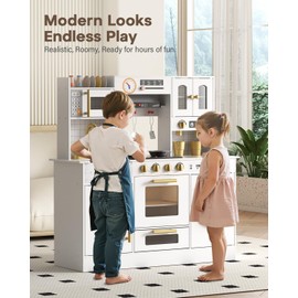 BIERUM Wooden Play Kitchen for Kids Ages 3-8 with Lights & Sounds, Pretend Play Kitchen Set with Stove, Ice Maker, Coffee Maker, Oven & Accessories, Toddler Kitchen Playset for Boys and Girls (White)