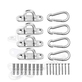 AstarFavor Ceiling Hook Kit Wall Hooks 4 Stainless Steel Eyelet Plates and 4 Carabiners for Awnings, Decorative Ropes and Nets, Outdoor Appliances etc.