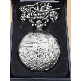 Geneva Silver Tone Scenic Dog Watching Duck with Chain Pocket Watch NIB