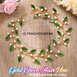 Gold Leaf Hair Vine Bridal Headpiece Wedding Hair Accessories for Brides and Women(15.75inches) (Gold Green)