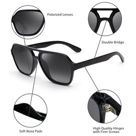 GLINDAR Men's Polarized Aviator Sunglasses Vintage Square Driving Glasses (Shiny Black Frame/Polarized Grey Lens)