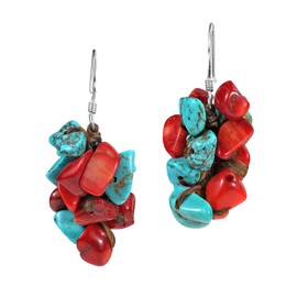 Beautiful Cluster Simulated Turquoise and Reconstructed Coral Dangle Sterling Silver Earrings