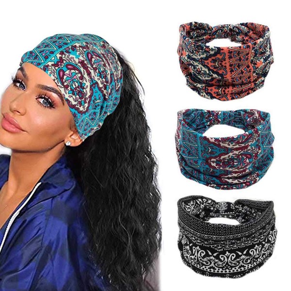 Women Boho Headband Boho Bandeau Turban Wide Curly Elastic Sports Bohemian Headwear Yoga Hair Band Workout Headwrap