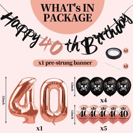 Zirtorei 11Pcs 40th Birthday Decorations Kit for Women, Rose Gold Happy 40th Birthday Pre-strung Banner 40 Foil Balloons, Forty Year Old Bday Party Supplies Photo Props