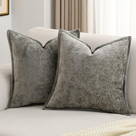 FUTEI Grey Chenille Throw Pillow Covers 18x18 Inch Set of 2,Soft Velvet Cushion Case,Home Decor for Couch Bed Living Room