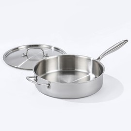 DELARLO 5QT Saute Pan Tri-Ply Stainless Steel Pan, 12Inch Deep Frying Pan with Steel cover, Kitchen Large Skillet,Heavy Duty Style Compatible With All Cooktops Up to 650℉