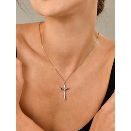 YL Cross Necklace 925 Sterling Silver Angel Wings Crucifix Pendant Created Alexandrite Criss Jewelry for Women