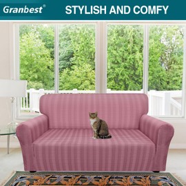 Granbest Luxury Thick Velvet Sofa Loveseat Cover 2 Seater Super Stretch Couch Cover Ski-friendly 4 Seasons Universal Sofa Protector for Pets and Kids (2 Seater, Pink)