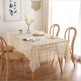 BMIDRUT Beige Cotton Crochet Tablecloths Lace Doilies Vintage Rectangle Crochet Tablecloths Table Cover Table Topper Wedding Home Party Table Decoration 140x100 cm