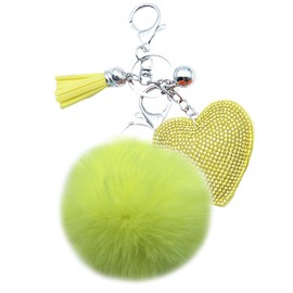 Unpafcxddyig Heart-shaped Keychain Rhinestone Bling with Faux Rabbit Fur Ball pom pom Key Rings for Women,yellow