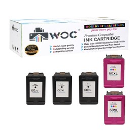 WOC Remanufactured Ink Cartridge Replacement for HP 60 / 60XL (CC640WN / CC641WN / CC643WN / CC644WN) (Jumbo: 55-73% Higher Yield) (5-Pack: 3X Black + 2X Tri-Color)