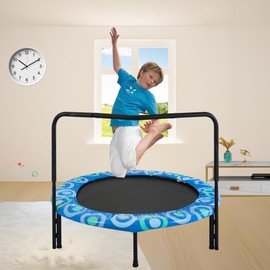 ESPIDOO Kids Trampoline with Safety Handles: Foldable Round Bouncer for Indoor & Outdoor Play - Blue/Black/Green Jumping Mat for Children Ages 3-7 (Metal Frame)