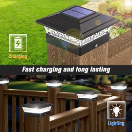 Solar Post Cap Lights Outdoor 6pack, Waterproof Solar Powered Deck Fence Post Lights Fit 4x4 Wood/Vinyl Posts, Black Deck Post Lights with Warm/Cool White for Garden, Patio, Porch, Fence